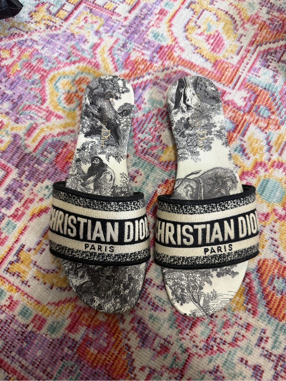 Dark Navy Blue & White Toile Slide Sandals